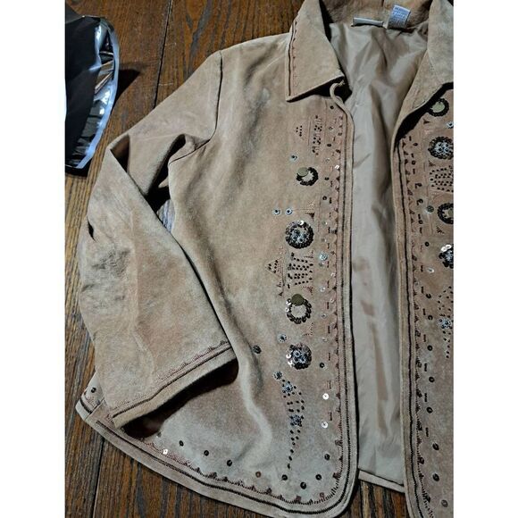 Chicos Size 1 Medium Size 8 Tan Suede Leather Open Front Jacket Blazer Embellish - Picture 2 of 8